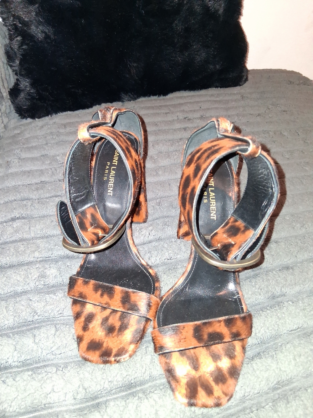 Saint Laurent Leopard-Print Ankle Strap Heels - Black & Brown